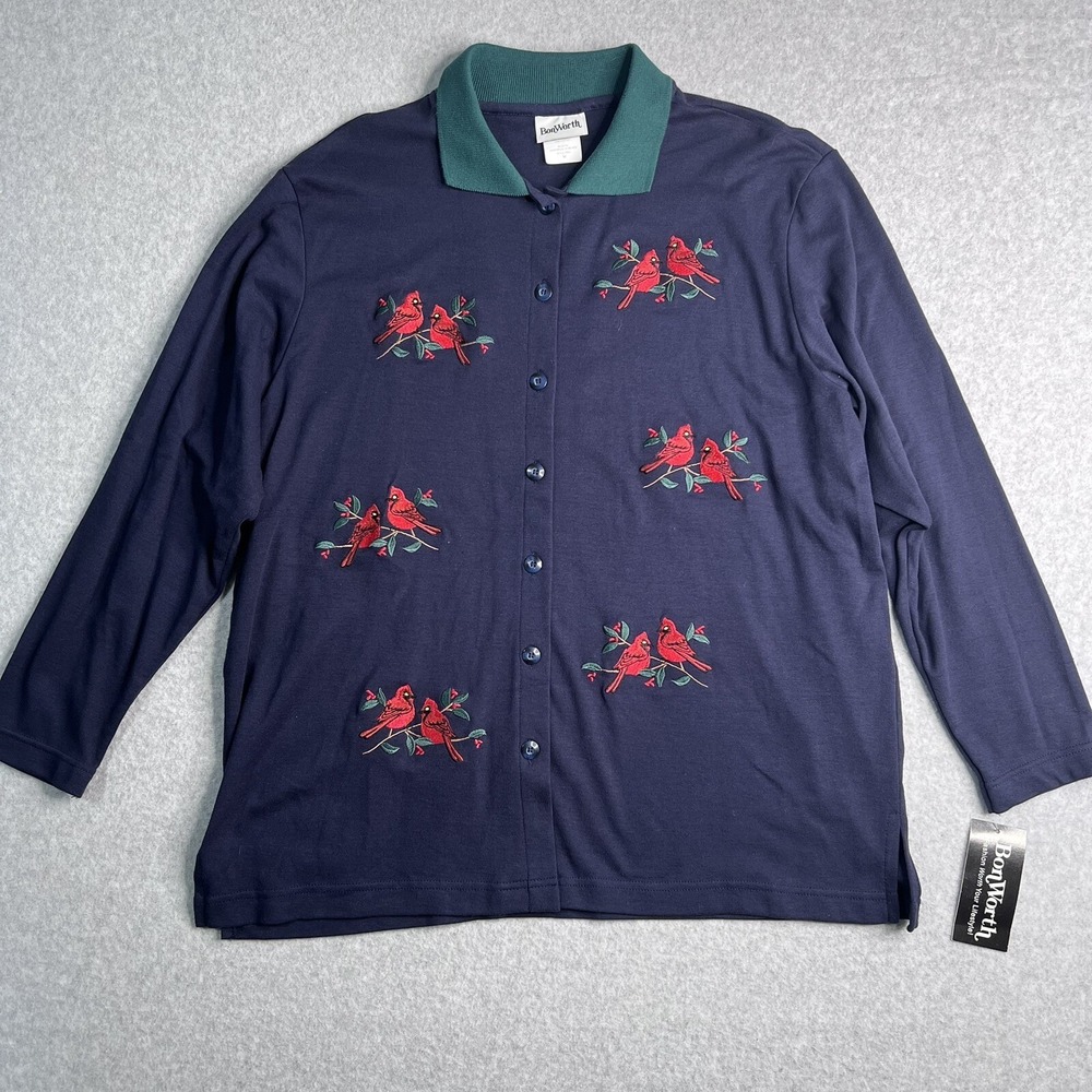 Bon Worth Top Women's Medium Button Up Long Sleeve Embroidered Cardinals Navy